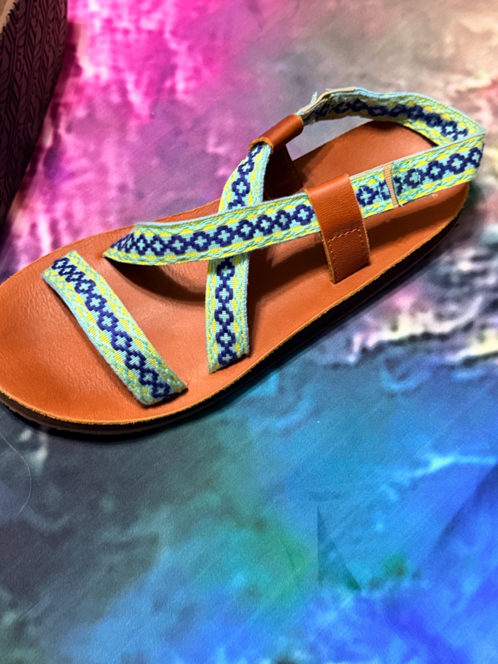 Zodiac-Inspired Brown Leather Sandals with Blue and Yellow Straps by FeelGoodz - Picture 7 of 8